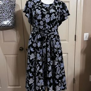 Lane Bryant Black and Blue Floral Midi Dress with Flutter Sleeves